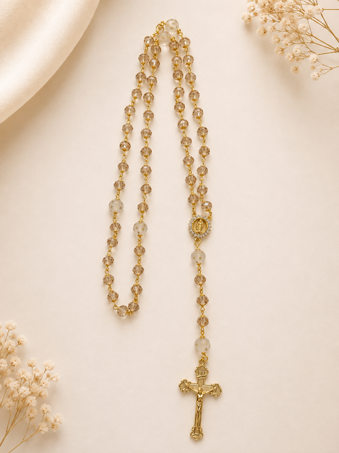 Our Lady of Guadalupe Rosary | Champagne Crystal Rosary with Star Beads