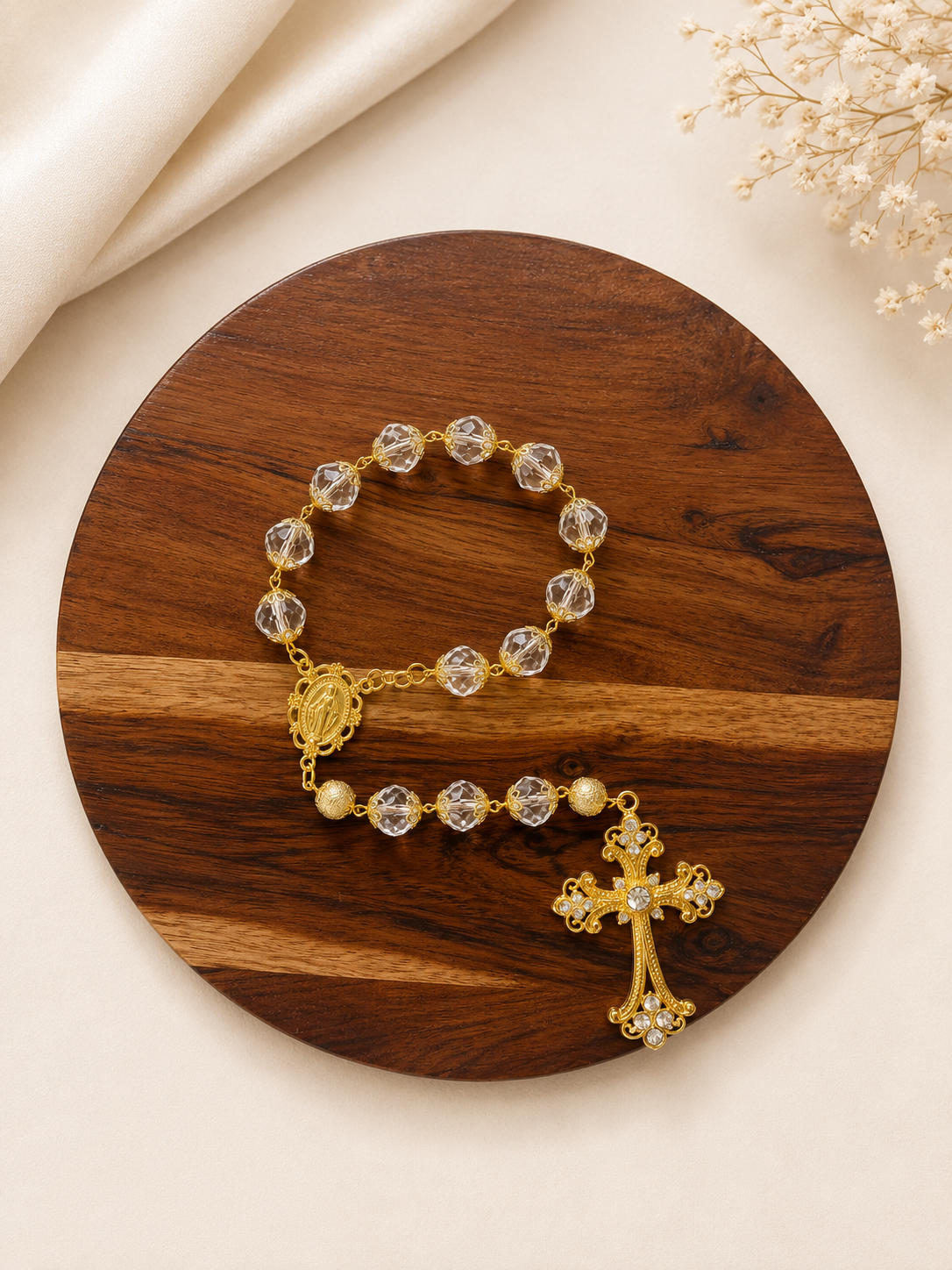 Our Lady of Grace Crystal Decade Rosary | 14mm Faceted Beads, Gold Crucifix