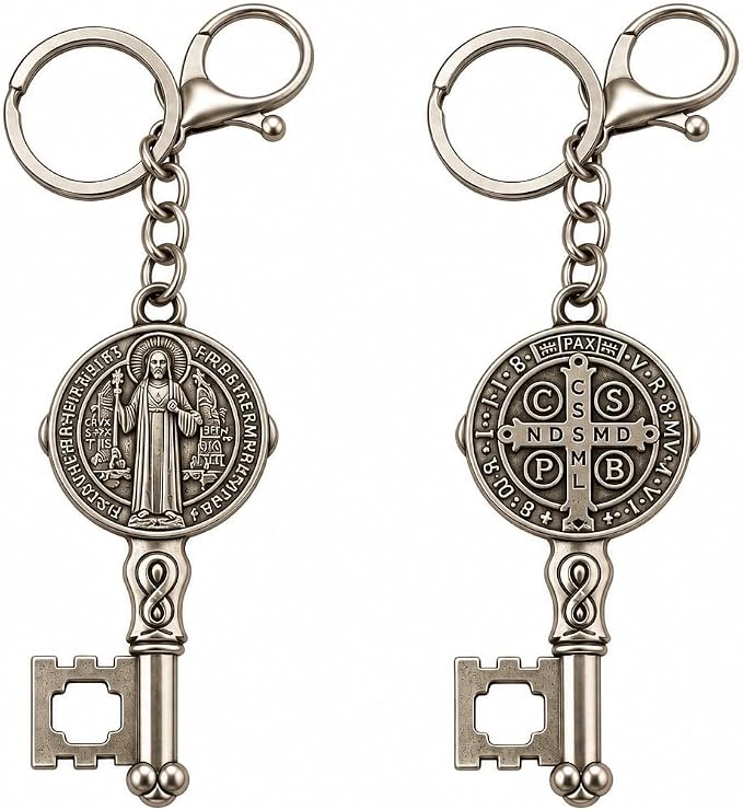 Saint Benedict Jubilee Medal Key Shaped Pendant Keychain 4.25 In