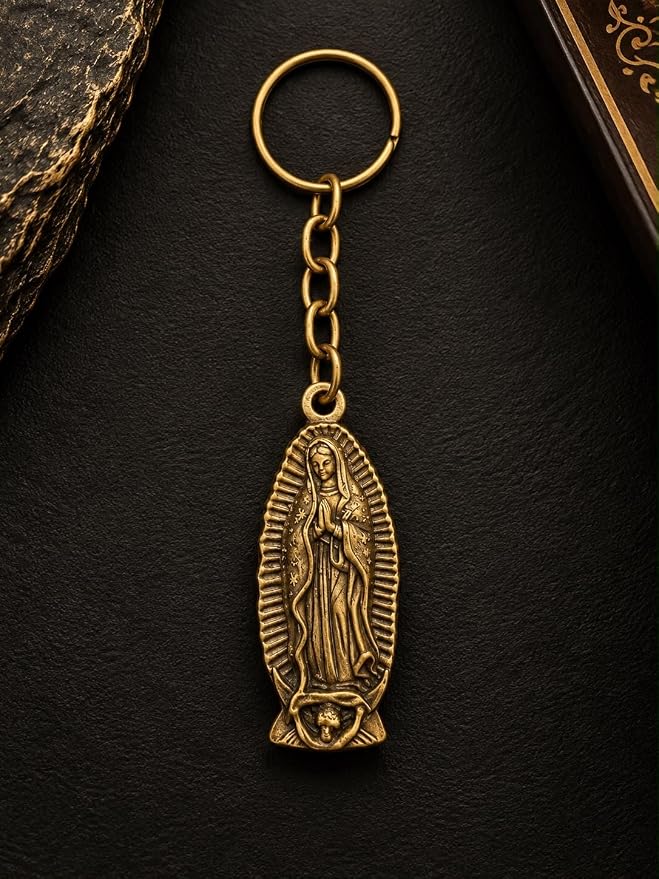 Our Lady of Guadalupe Keychains Baptism Favors, Decorative Oval Pendant, Bronze-Tone Metal with Antique Finish