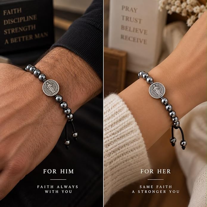 Saint Benedict Adjustable Hematite Bracelet, Metallic Gray Beads, Black Cord, Minimalist Unisex Design Round Beaded Macrame – Handmade Men’s Bracelet– Gift for Him or Her (6 mm Round Hematite)