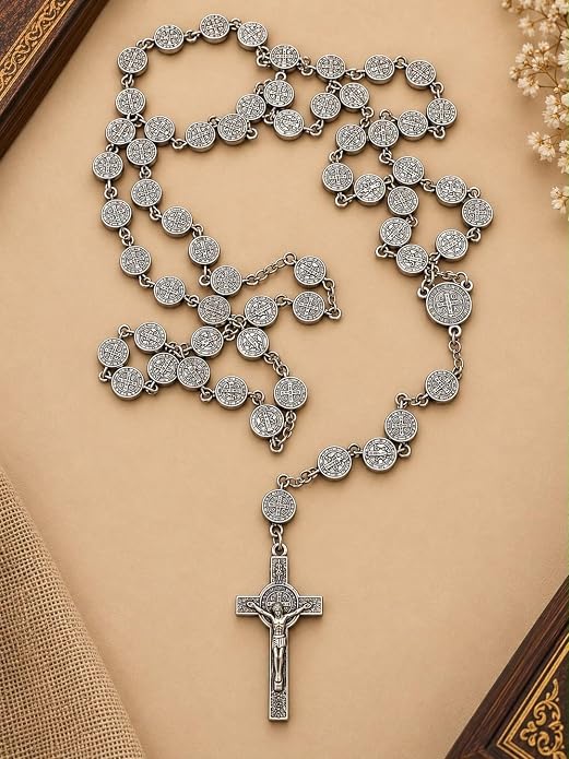 Catholic Rosary, Silver Rosary Beads with Saint Benedict Medal & Crucifix, Gift for Men & Women
