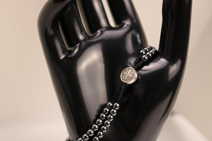 Saint Benedict Medal & Crucifix Rosary Bracelet - 8.5 Inch long Knotted Hematite 4mm Beads, Durable Corded Design