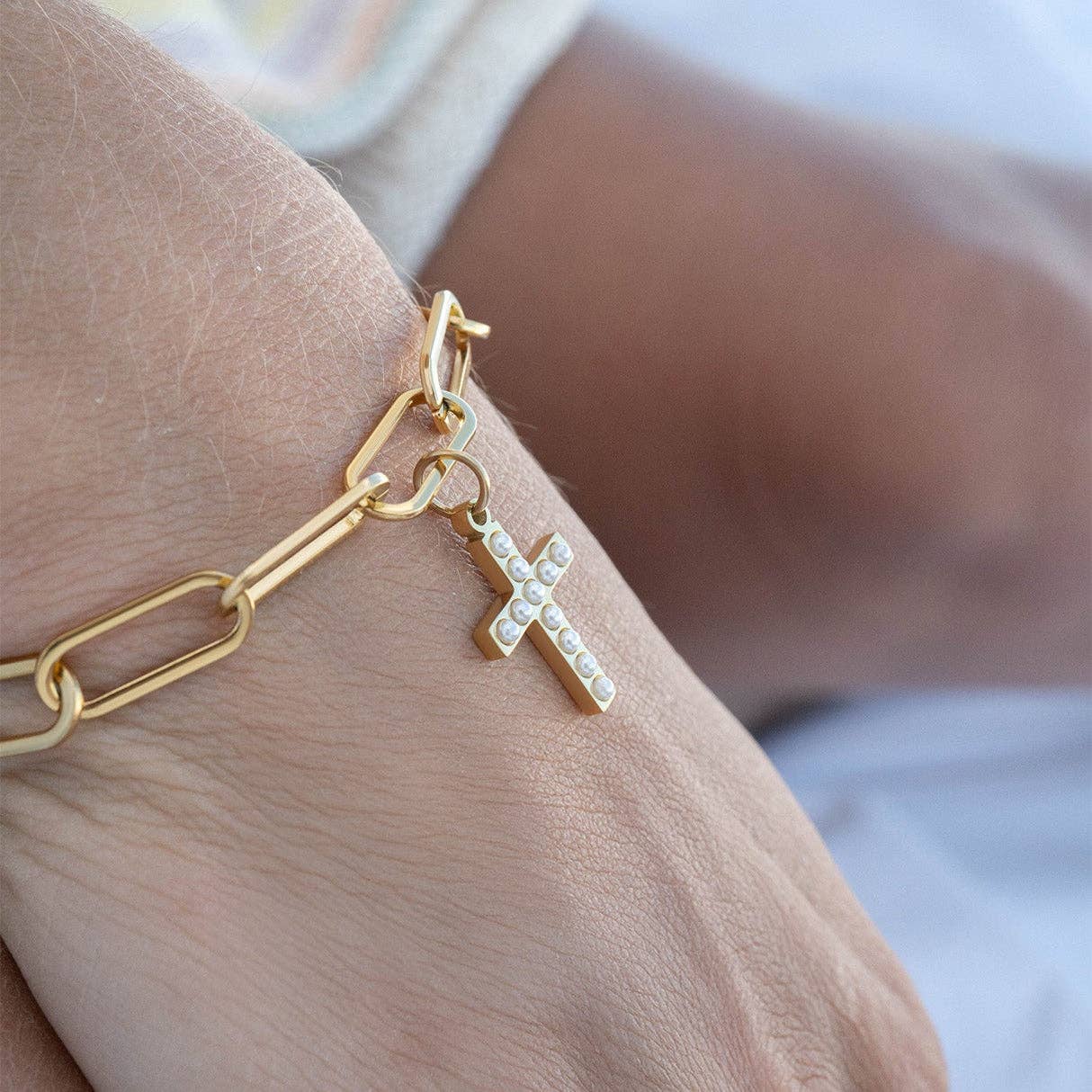 18K Gold PVD Stainless Steel Pearl Beaded Cross Charm