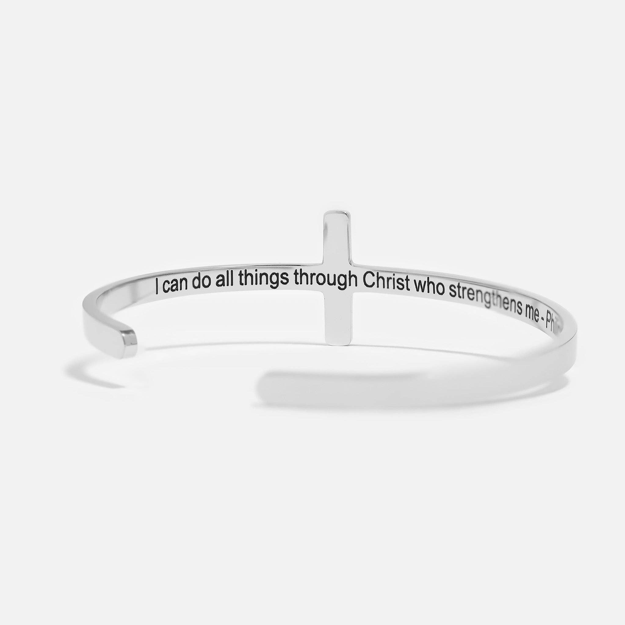 Stainless Steel Cross Cuff Bracelet with Christian Scripture Philippians 4:13