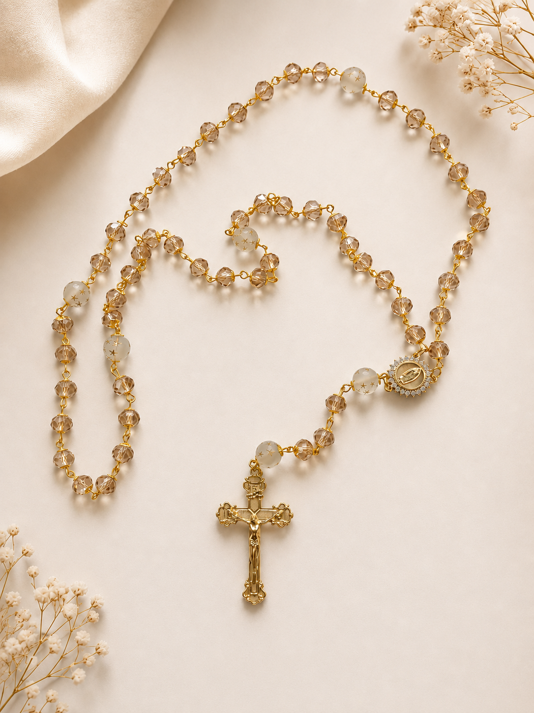 Our Lady of Guadalupe Rosary | Champagne Crystal Rosary with Star Beads