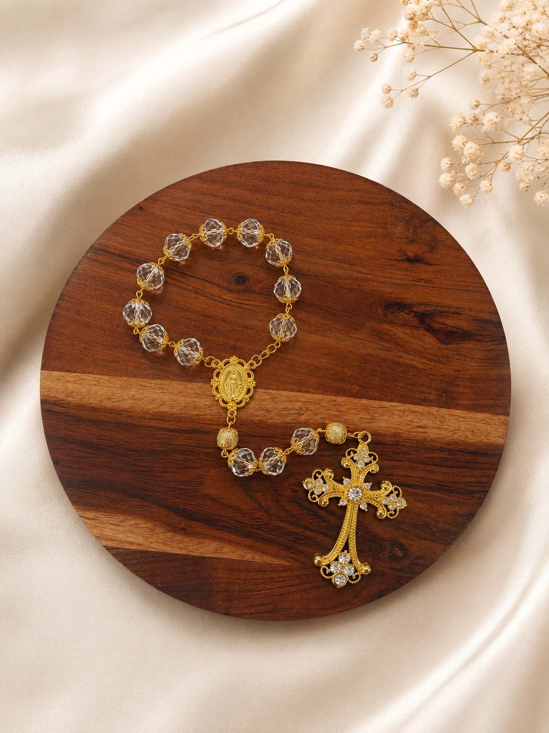 Our Lady of Grace Crystal Decade Rosary | 14mm Faceted Beads, Gold Crucifix