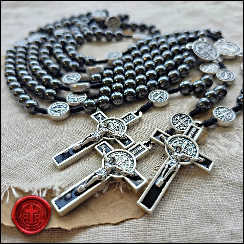 Hematite St. Benedict Rosary - Dark Glossy Beads that feel so Comfortable