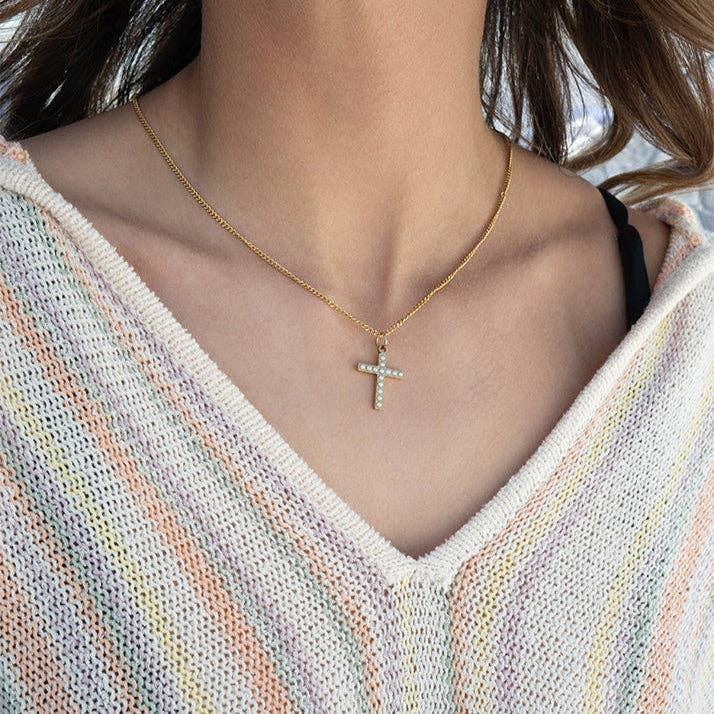 18K Gold PVD Stainless Steel Pearl Beaded Cross Charm