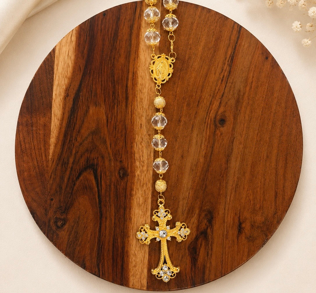 Our Lady of Grace Crystal Decade Rosary | 14mm Faceted Beads, Gold Crucifix