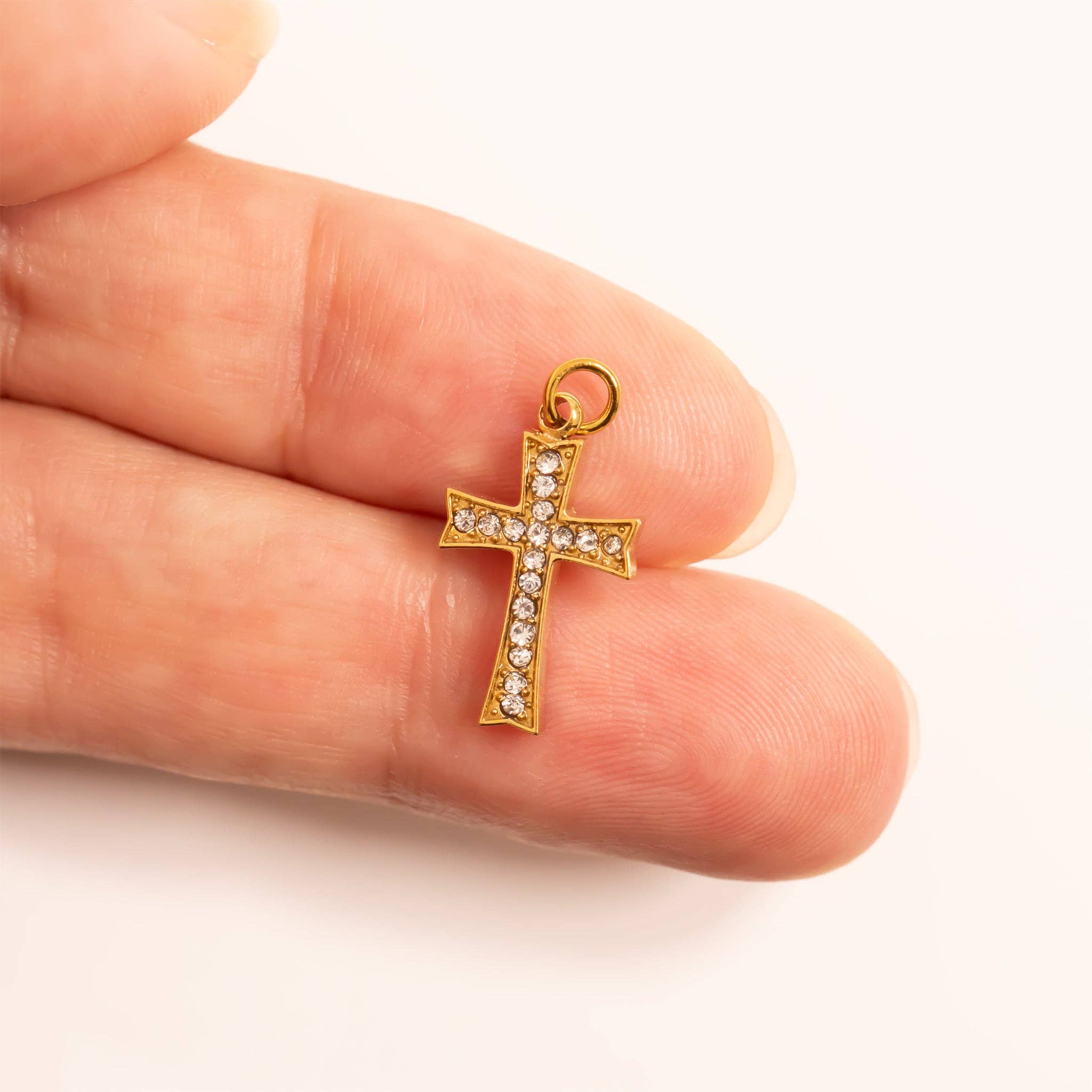 18K Gold PVD Stainless Steel Stone Cross Charm