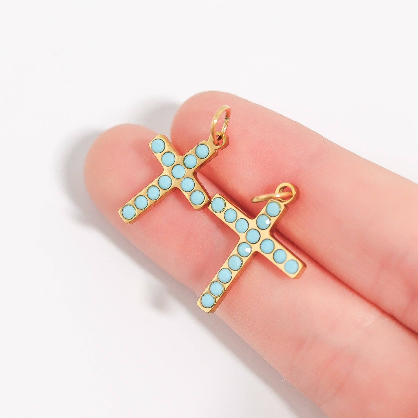 18K Gold PVD Stainless Steel Turquoise Stone Cross Charm