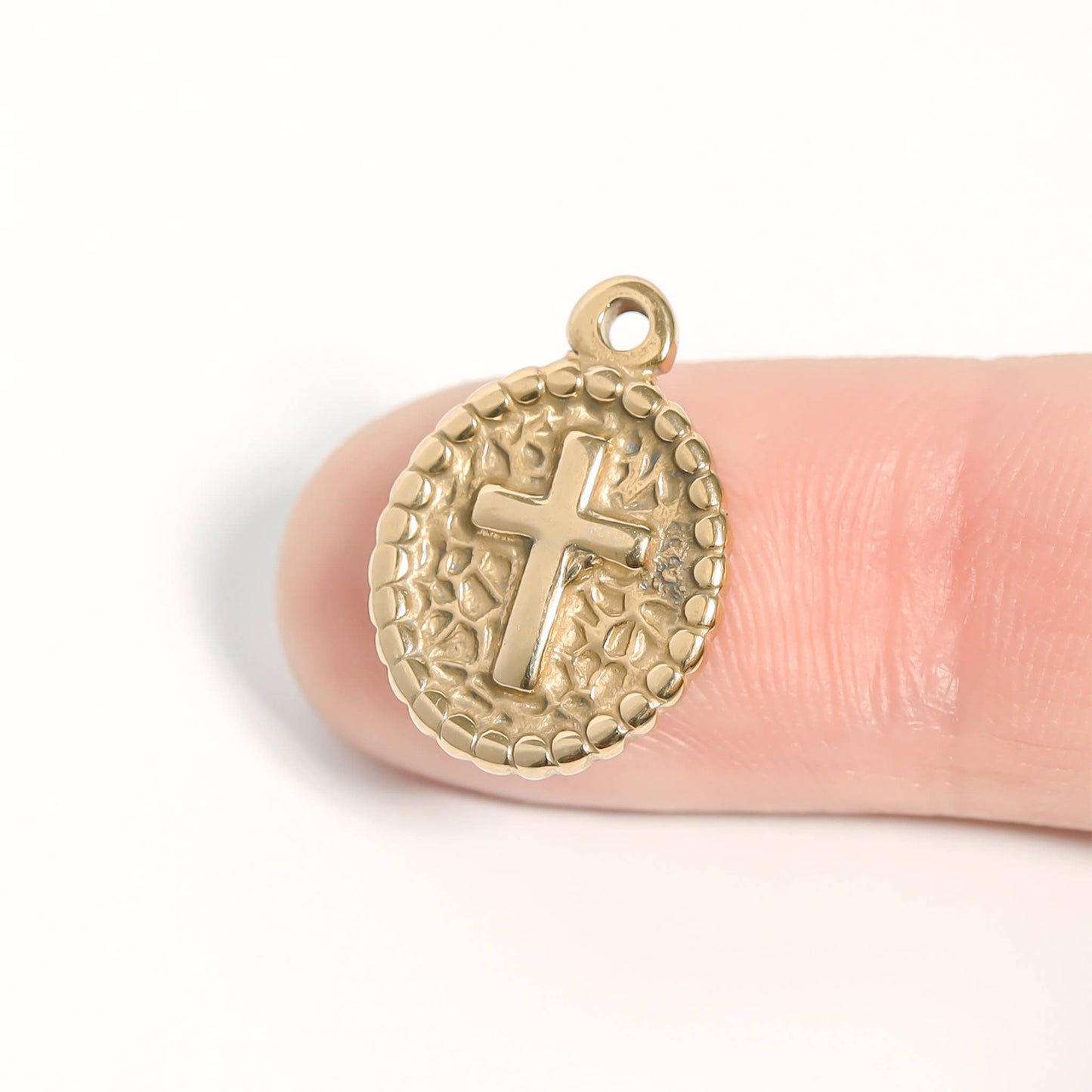18K Gold PVD Stainless Steel Textured Medallion Cross Charm