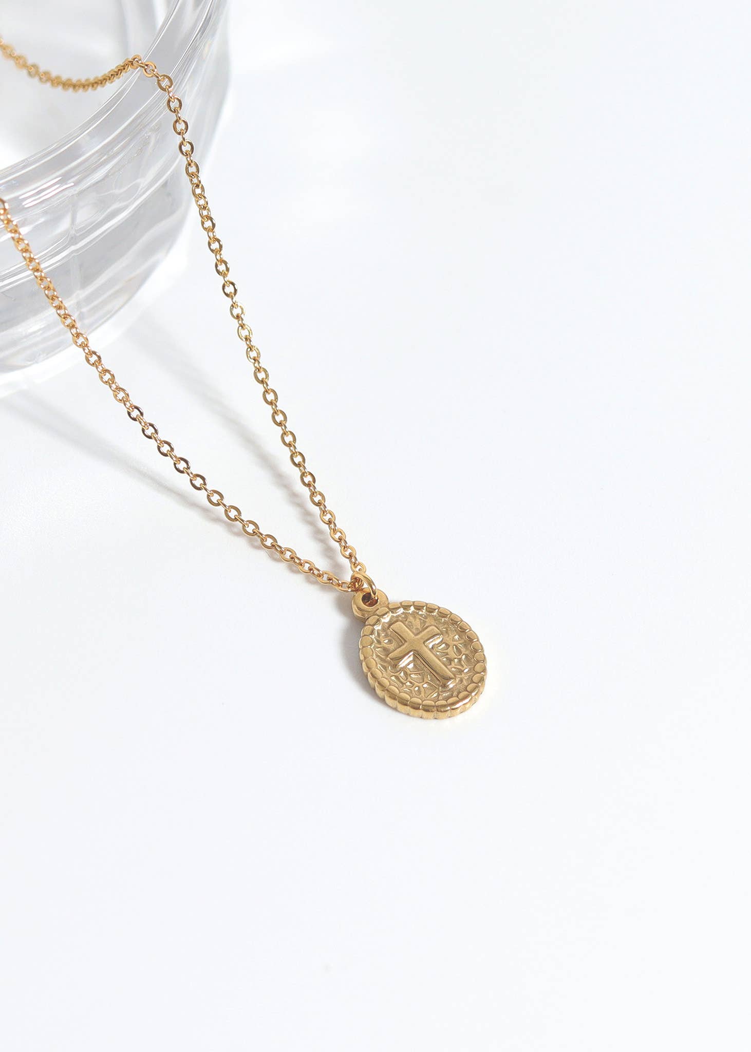 18K Gold PVD Stainless Steel Textured Medallion Cross Charm
