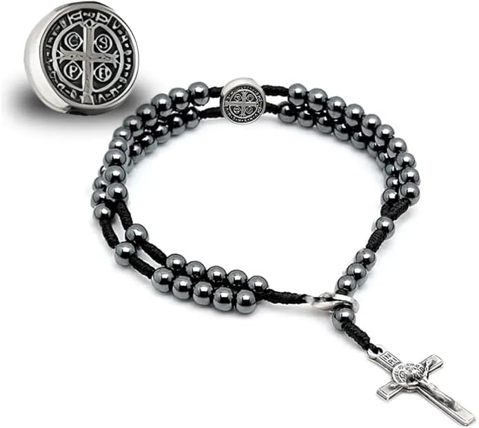 Saint Benedict Medal & Crucifix Rosary Bracelet - 8.5 Inch long Knotted Hematite 4mm Beads, Durable Corded Design