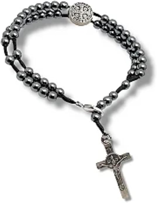 Saint Benedict Medal & Crucifix Rosary Bracelet - 8.5 Inch long Knotted Hematite 4mm Beads, Durable Corded Design