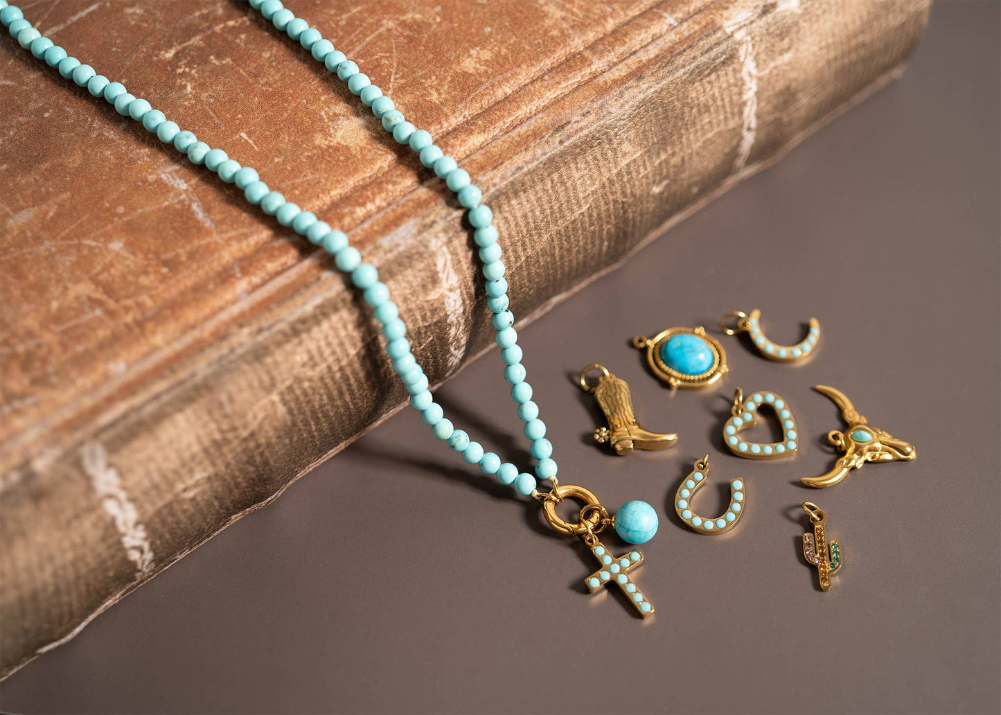 18K Gold PVD Stainless Steel Turquoise Stone Cross Charm