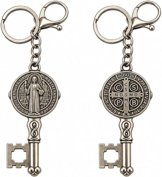 Saint Benedict Jubilee Medal Key Shaped Pendant Keychain 4.25 In