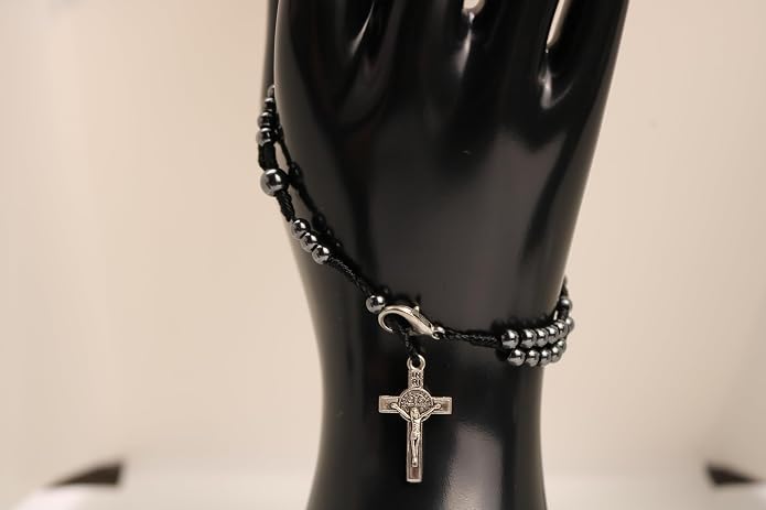 Saint Benedict Medal & Crucifix Rosary Bracelet - 8.5 Inch long Knotted Hematite 4mm Beads, Durable Corded Design