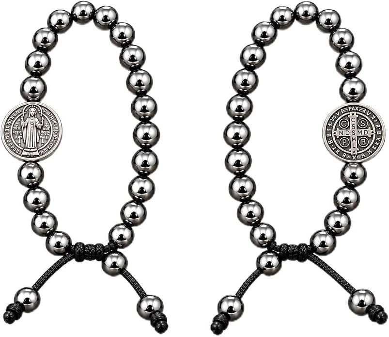 Saint Benedict Adjustable Hematite Bracelet, Metallic Gray Beads, Black Cord, Minimalist Unisex Design Round Beaded Macrame – Handmade Men’s Bracelet– Gift for Him or Her (6 mm Round Hematite)