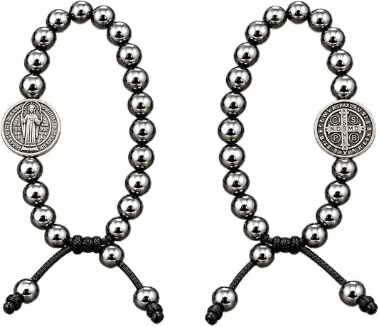 Saint Benedict Adjustable Hematite Bracelet, Metallic Gray Beads, Black Cord, Minimalist Unisex Design Round Beaded Macrame – Handmade Men’s Bracelet– Gift for Him or Her (6 mm Round Hematite)