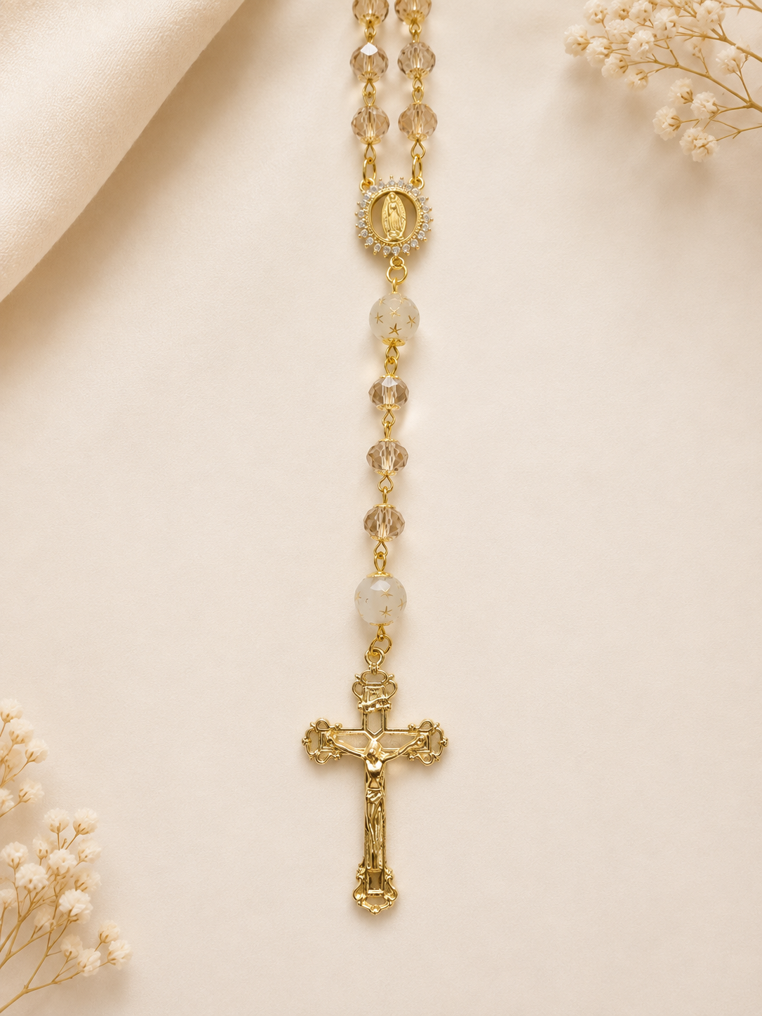 Our Lady of Guadalupe Rosary | Champagne Crystal Rosary with Star Beads