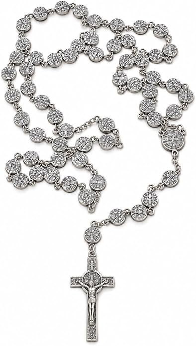 Catholic Rosary, Silver Rosary Beads with Saint Benedict Medal & Crucifix, Gift for Men & Women