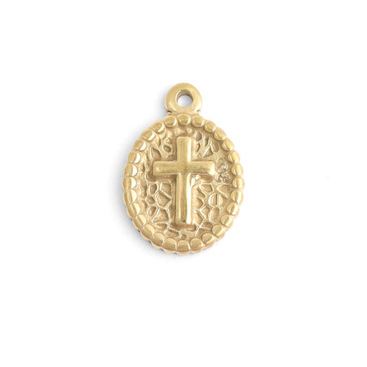 18K Gold PVD Stainless Steel Textured Medallion Cross Charm