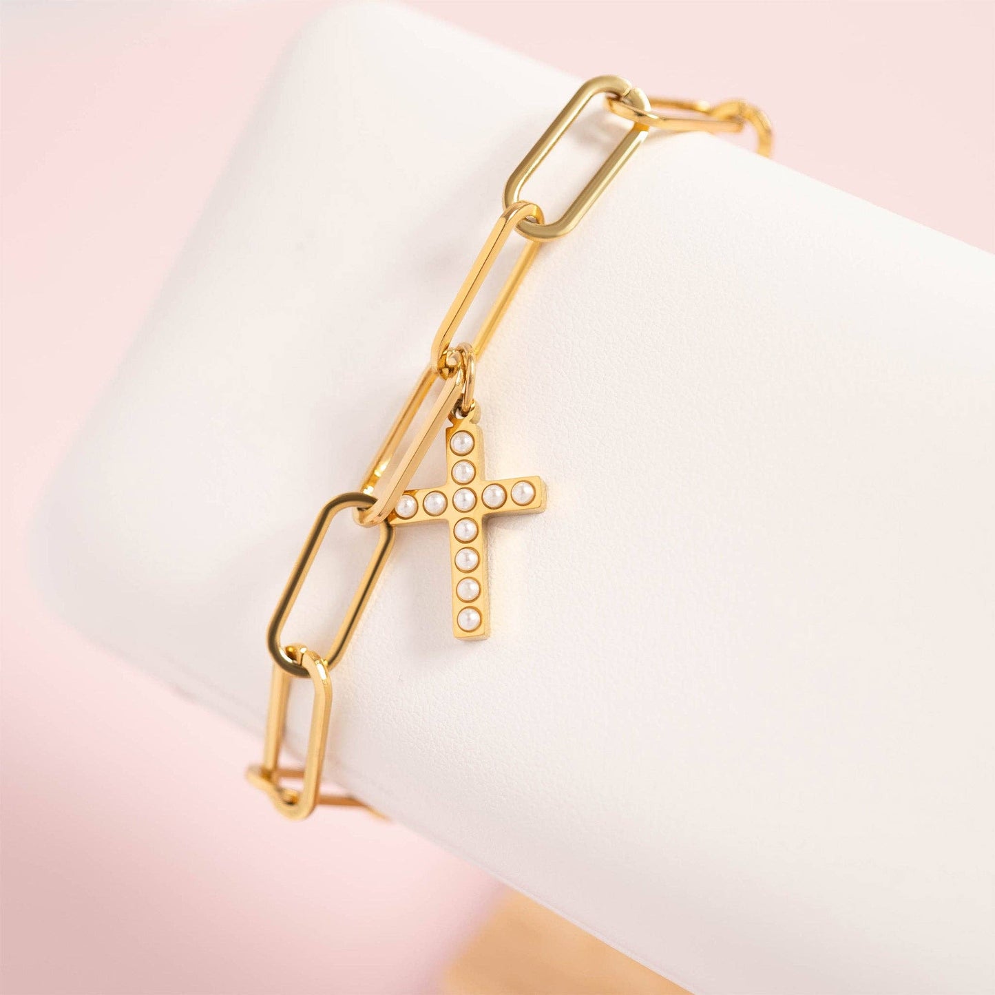 18K Gold PVD Stainless Steel Pearl Beaded Cross Charm
