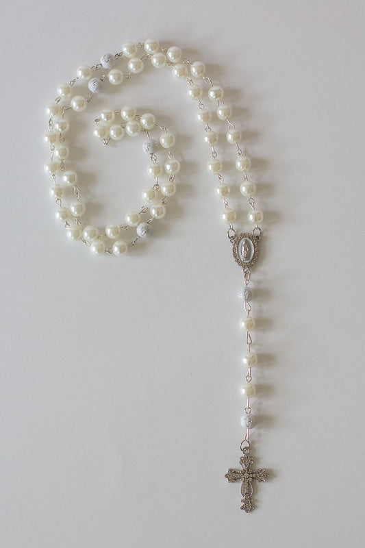 Rosary of Our Lady of Guadalupe – White Pearl & Silver