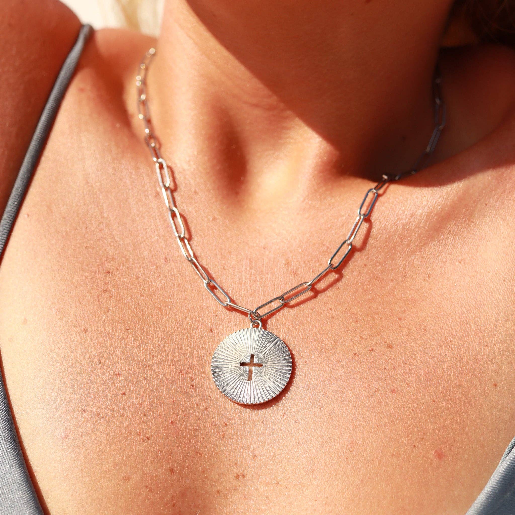 Gold Stainless Steel Sunburst Cross Paperclip Charm Necklace