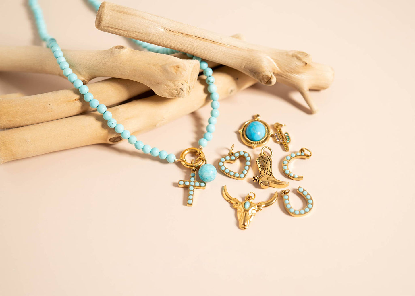 18K Gold PVD Stainless Steel Turquoise Stone Cross Charm