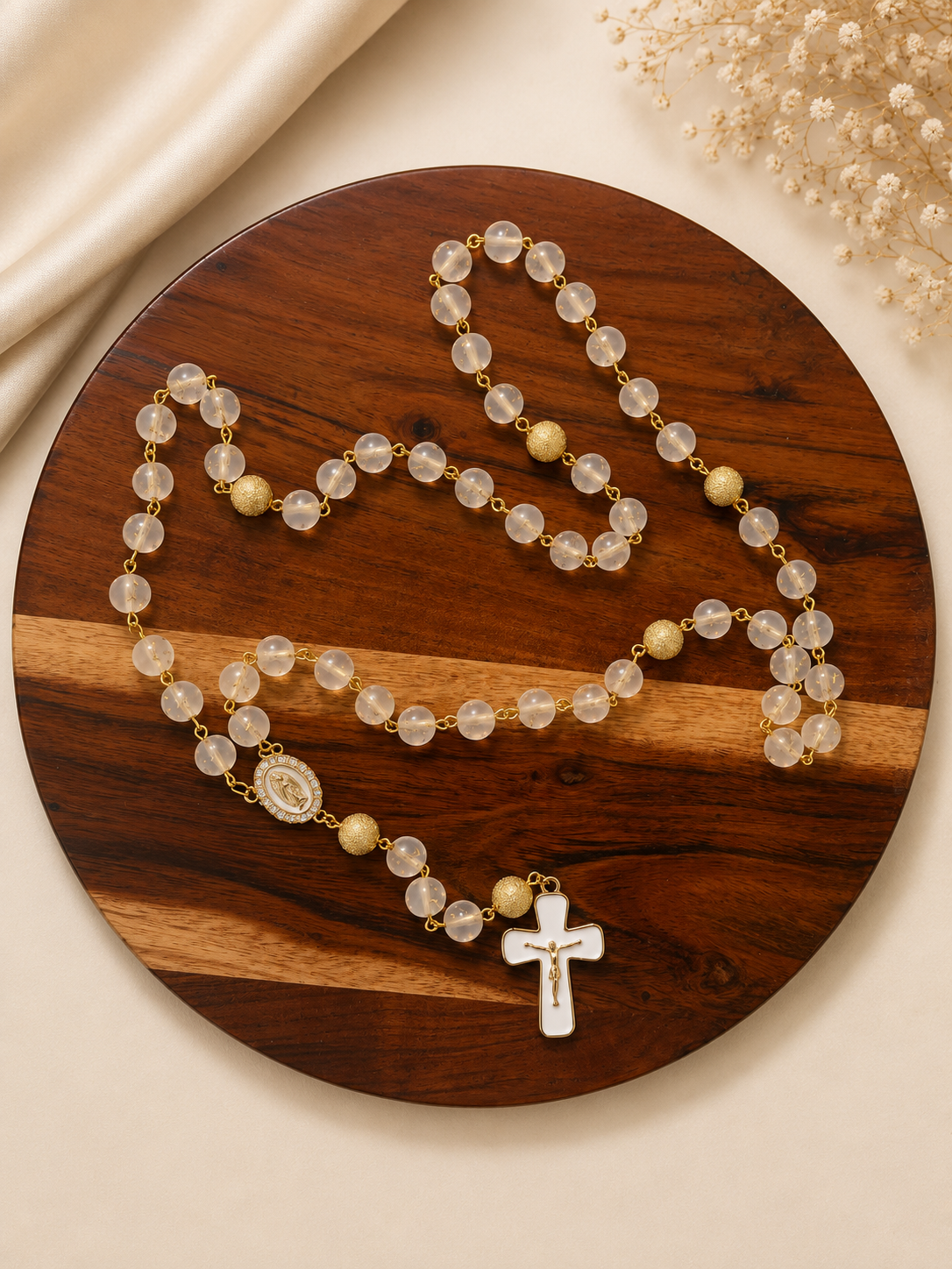 Our Lady of Guadalupe Rosary, White Star Beads Inspired by Mary's Mantle