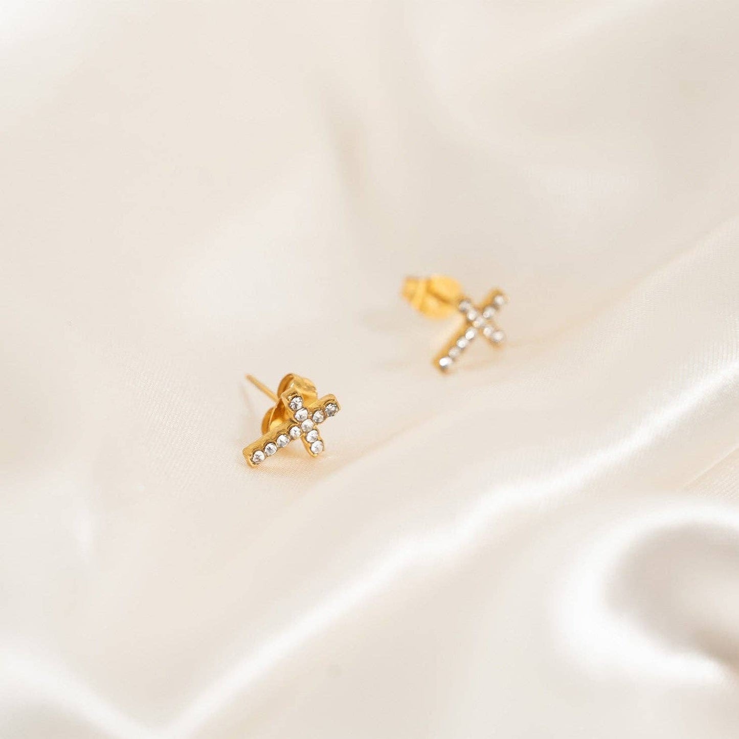 18K Gold PVD Stainless Steel Stone Cross Earrings