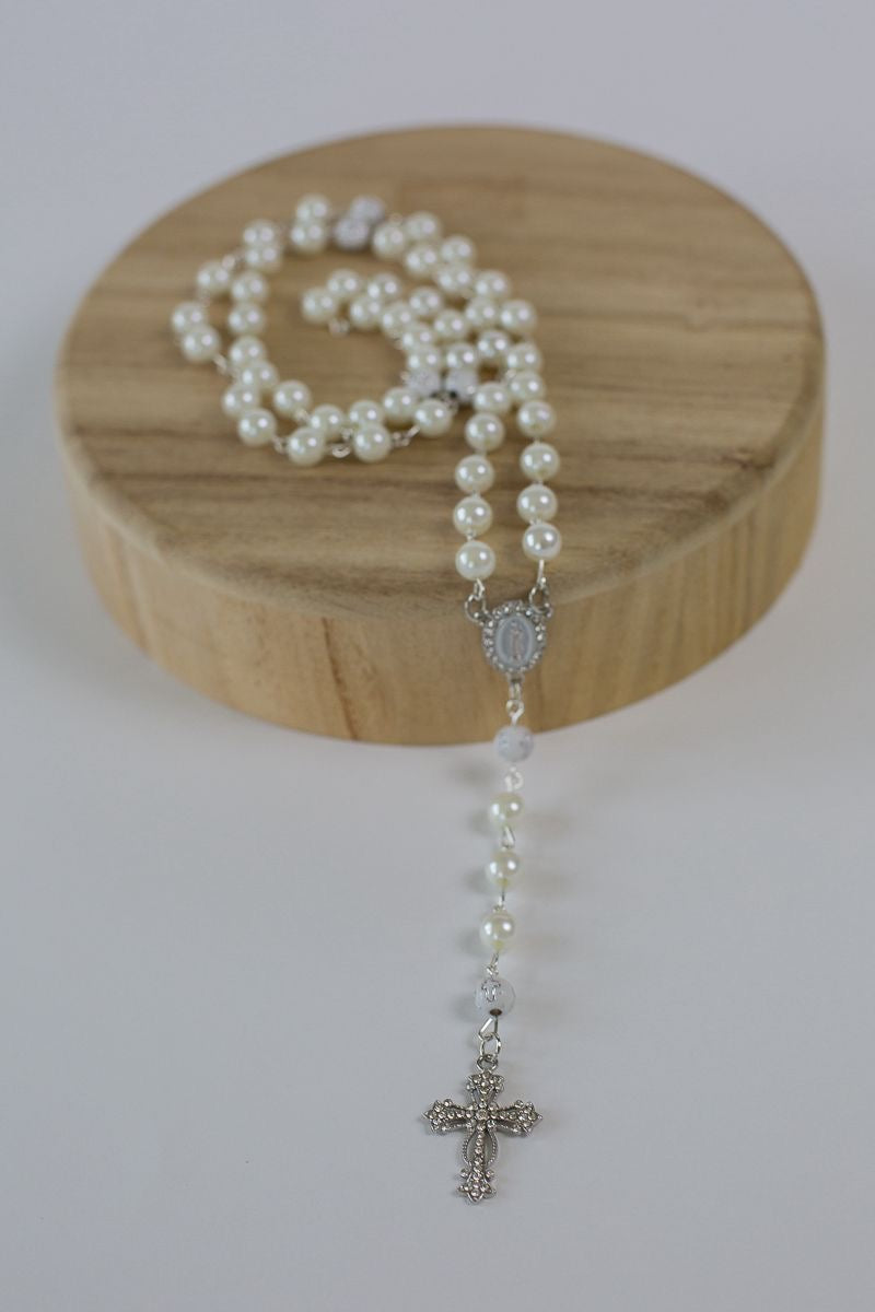 Rosary of Our Lady of Guadalupe – White Pearl & Silver