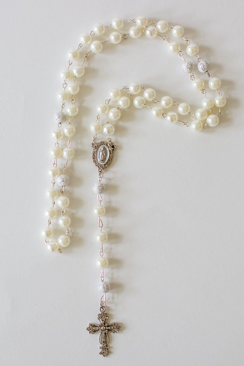 Rosary of Our Lady of Guadalupe – White Pearl & Silver