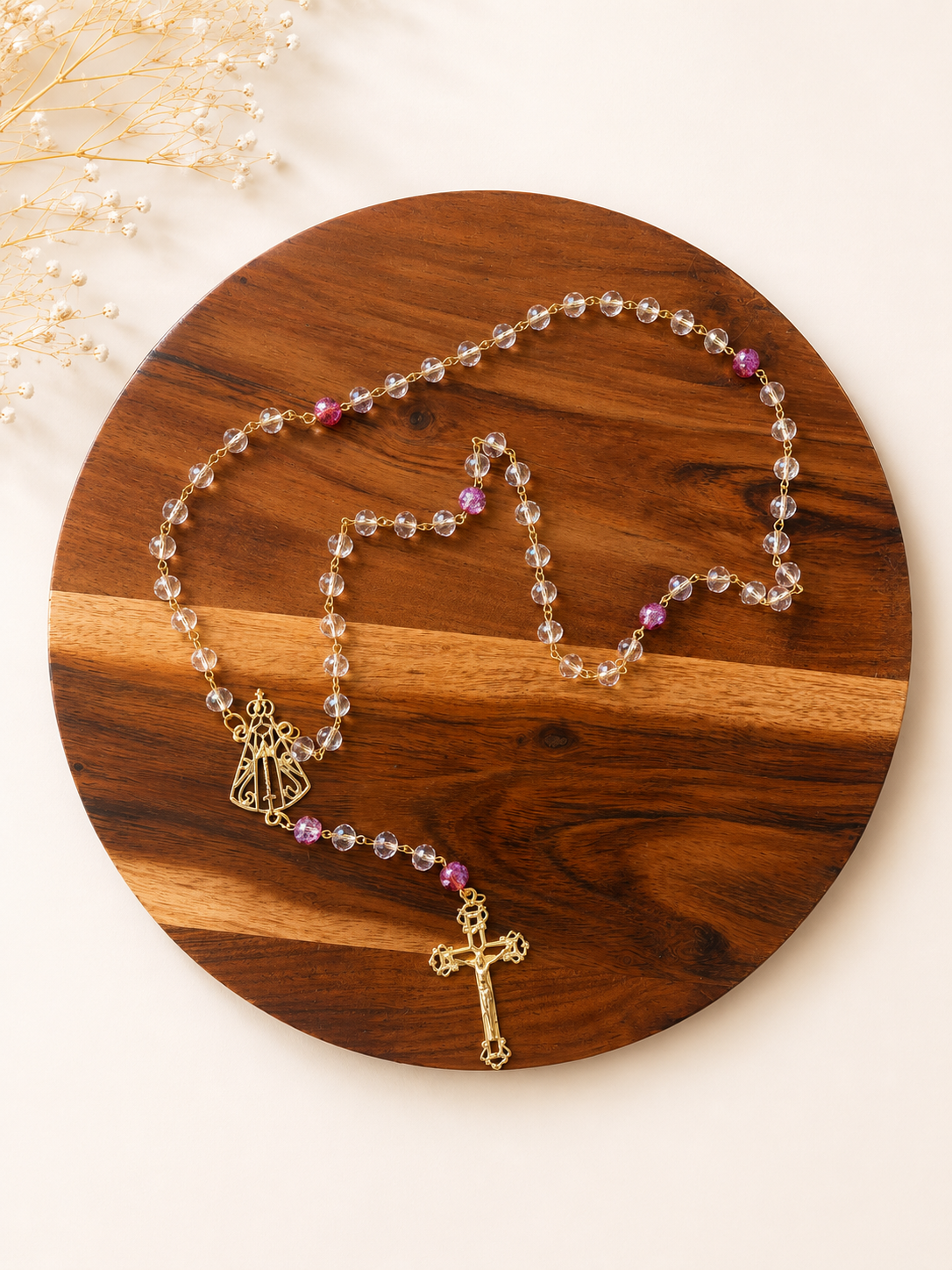 Our Lady of Aparecida Rosary | Crystal Catholic Rosary with Pink Accent Beads