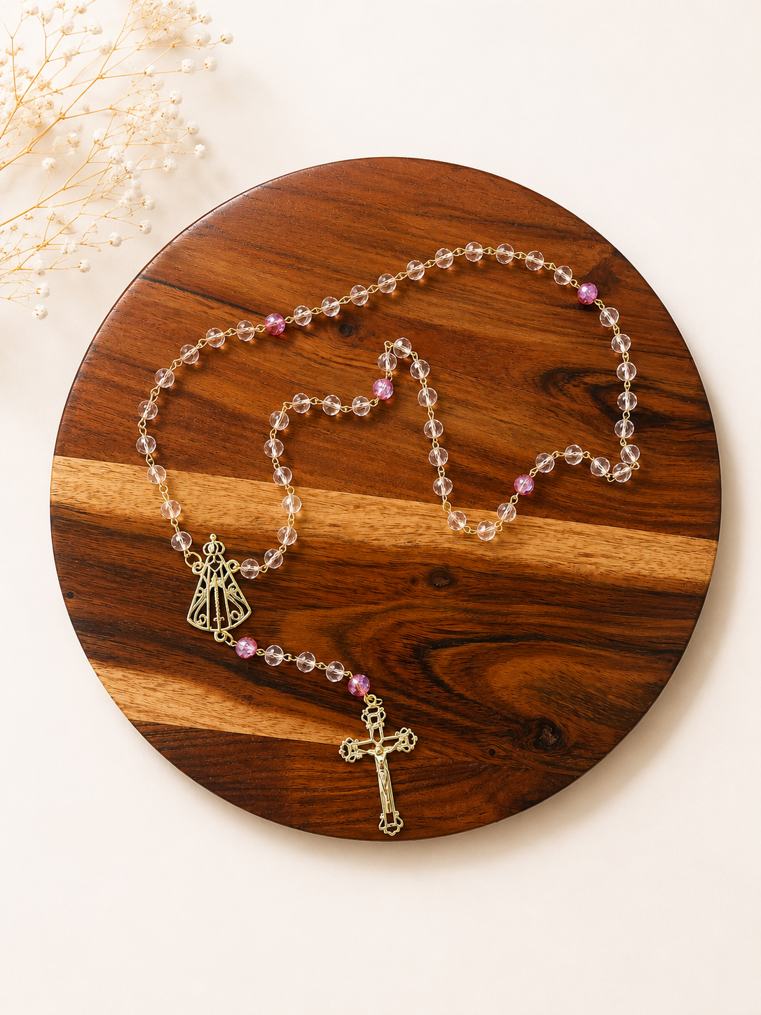 Our Lady of Aparecida Rosary | Crystal Catholic Rosary with Pink Accent Beads