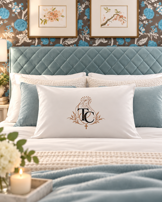 Personalized Catholic Queen Pillowcase: Virgin Mary Design, Couple Initials (Cotton)