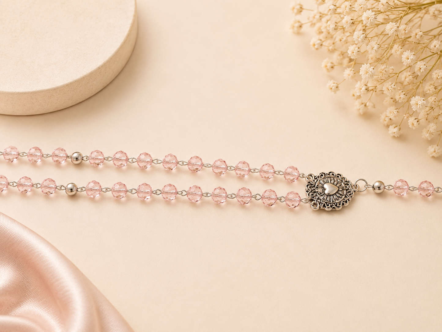 Pink Crystal Sacred Heart Rosary Beads