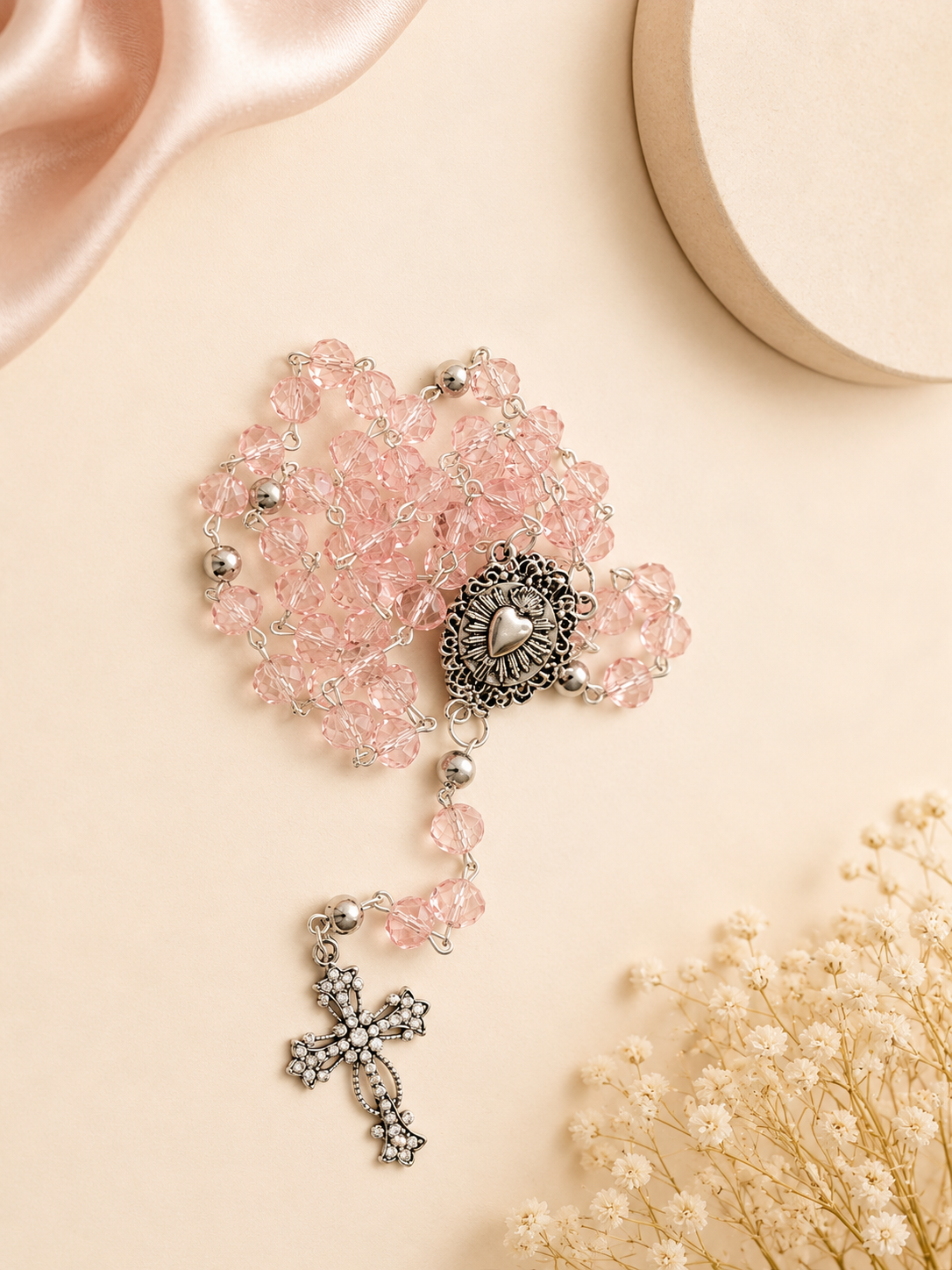 Pink Crystal Sacred Heart Rosary Beads