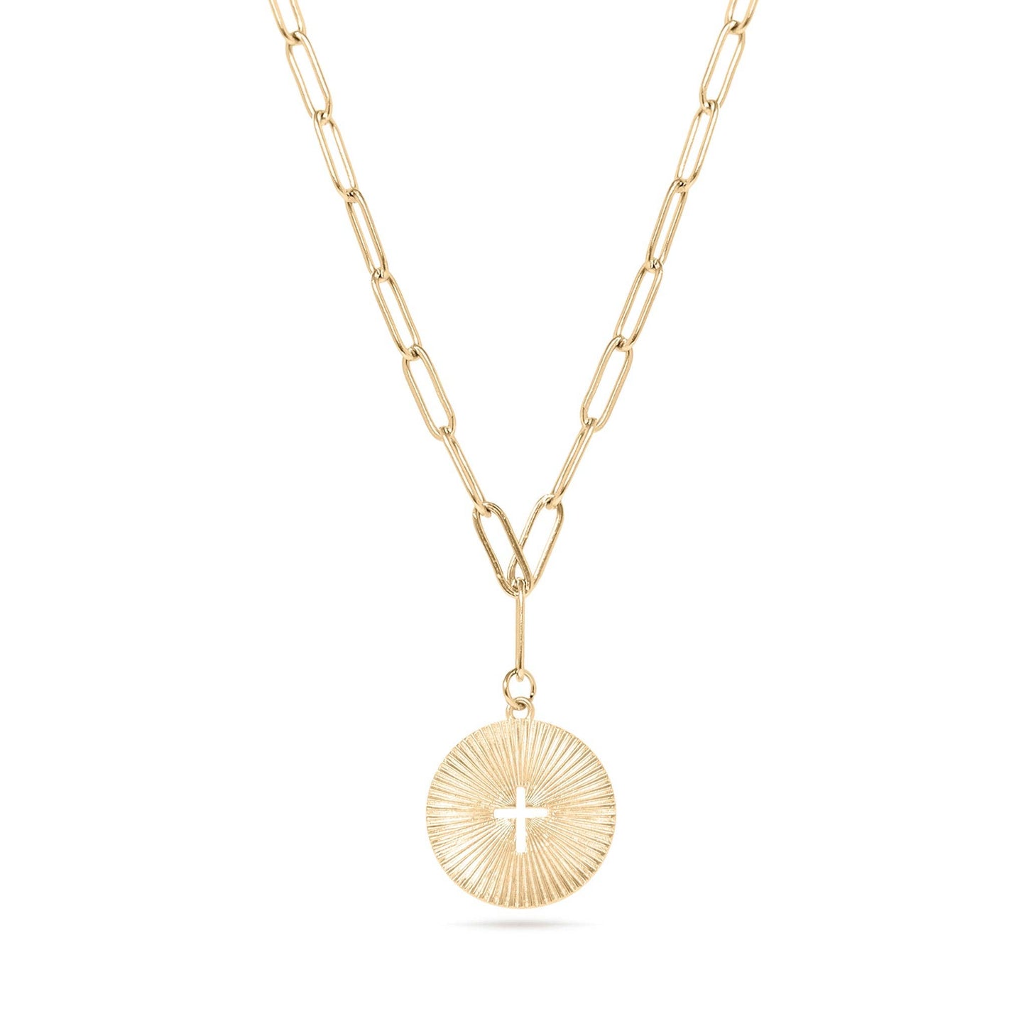 Gold Stainless Steel Sunburst Cross Paperclip Charm Necklace