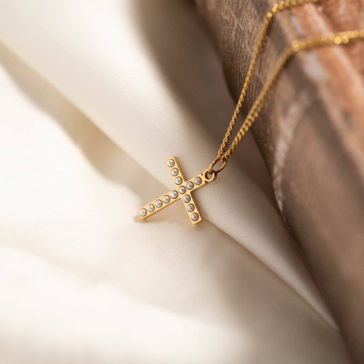 18K Gold PVD Stainless Steel Pearl Beaded Cross Charm