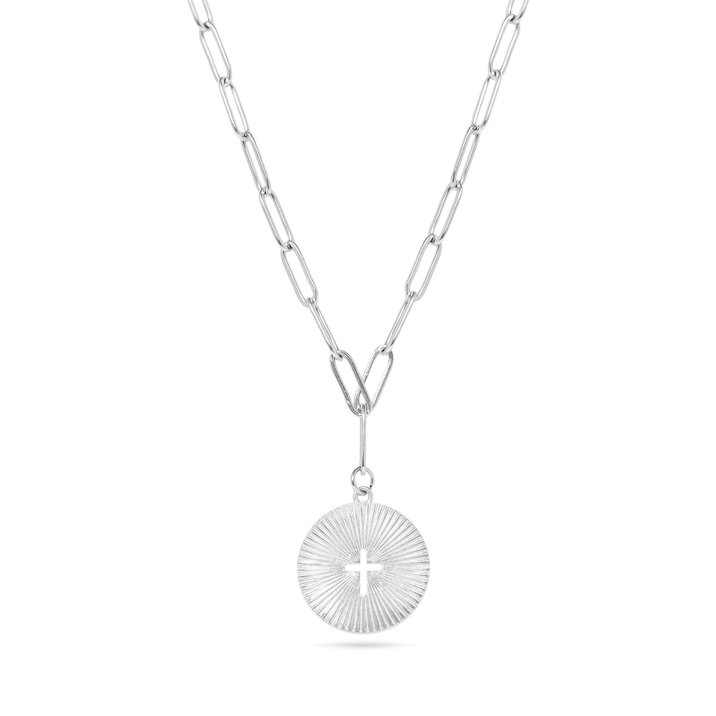 Gold Stainless Steel Sunburst Cross Paperclip Charm Necklace