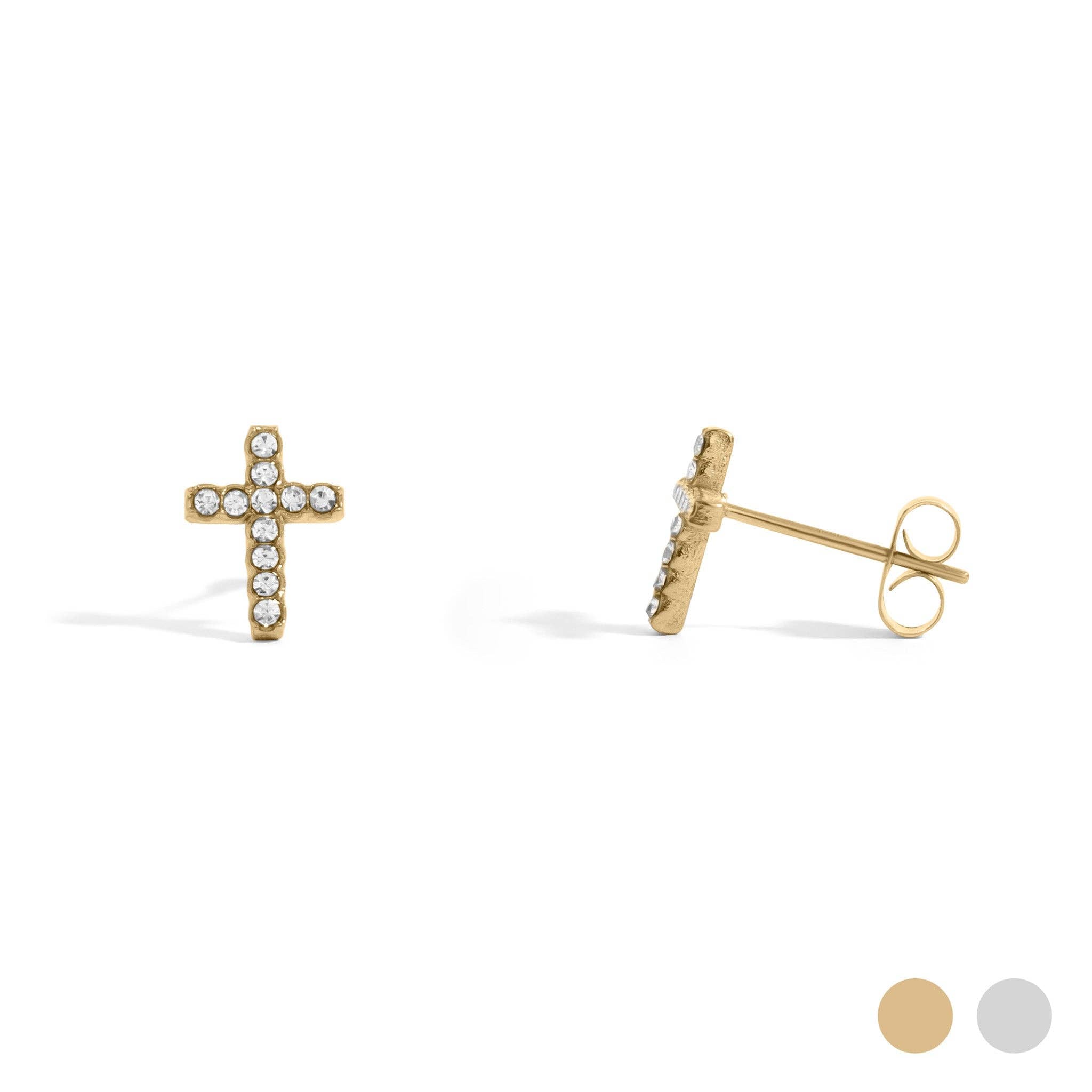 18K Gold PVD Stainless Steel Stone Cross Earrings
