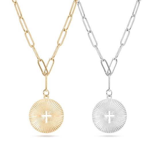 Gold Stainless Steel Sunburst Cross Paperclip Charm Necklace