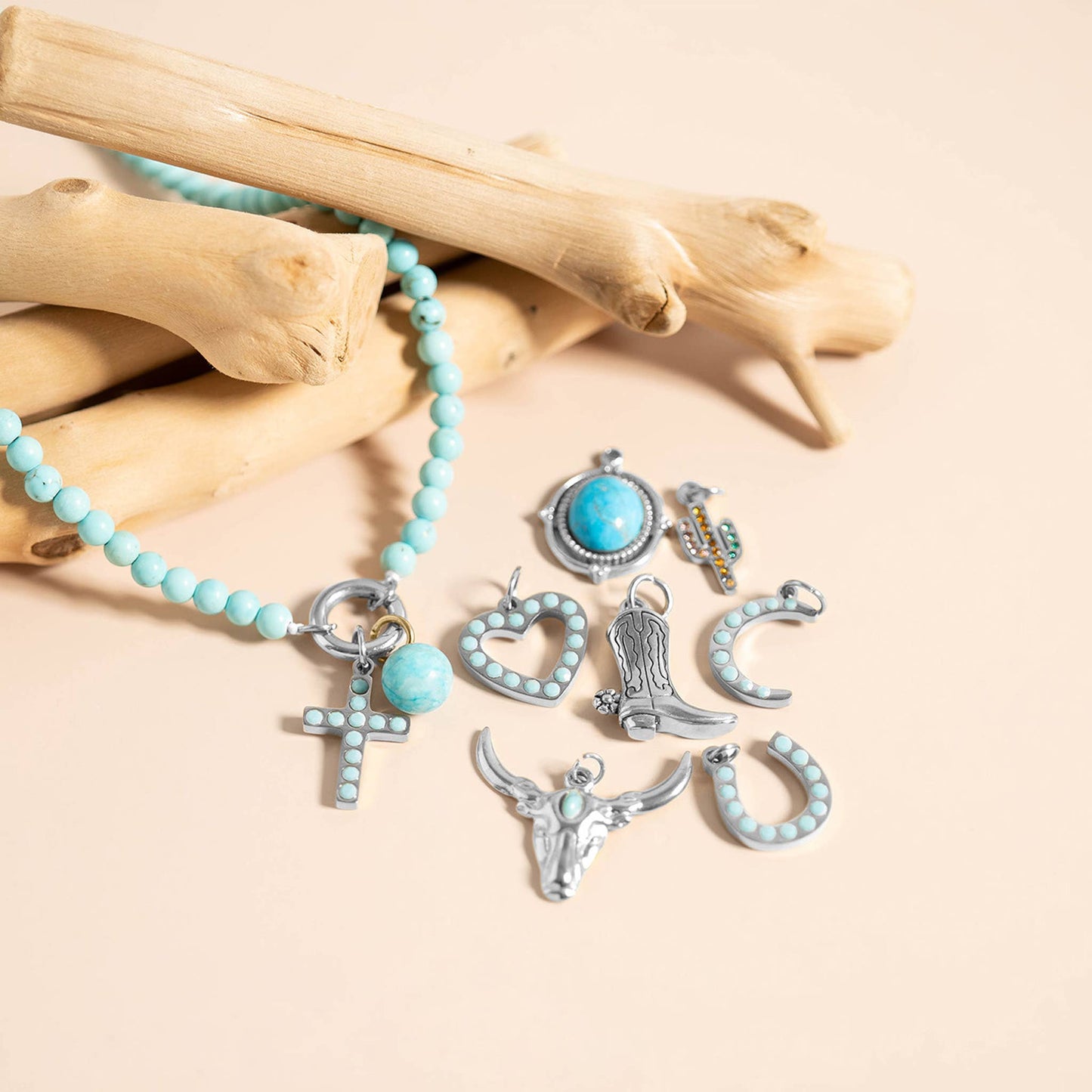 18K Gold PVD Stainless Steel Turquoise Stone Cross Charm